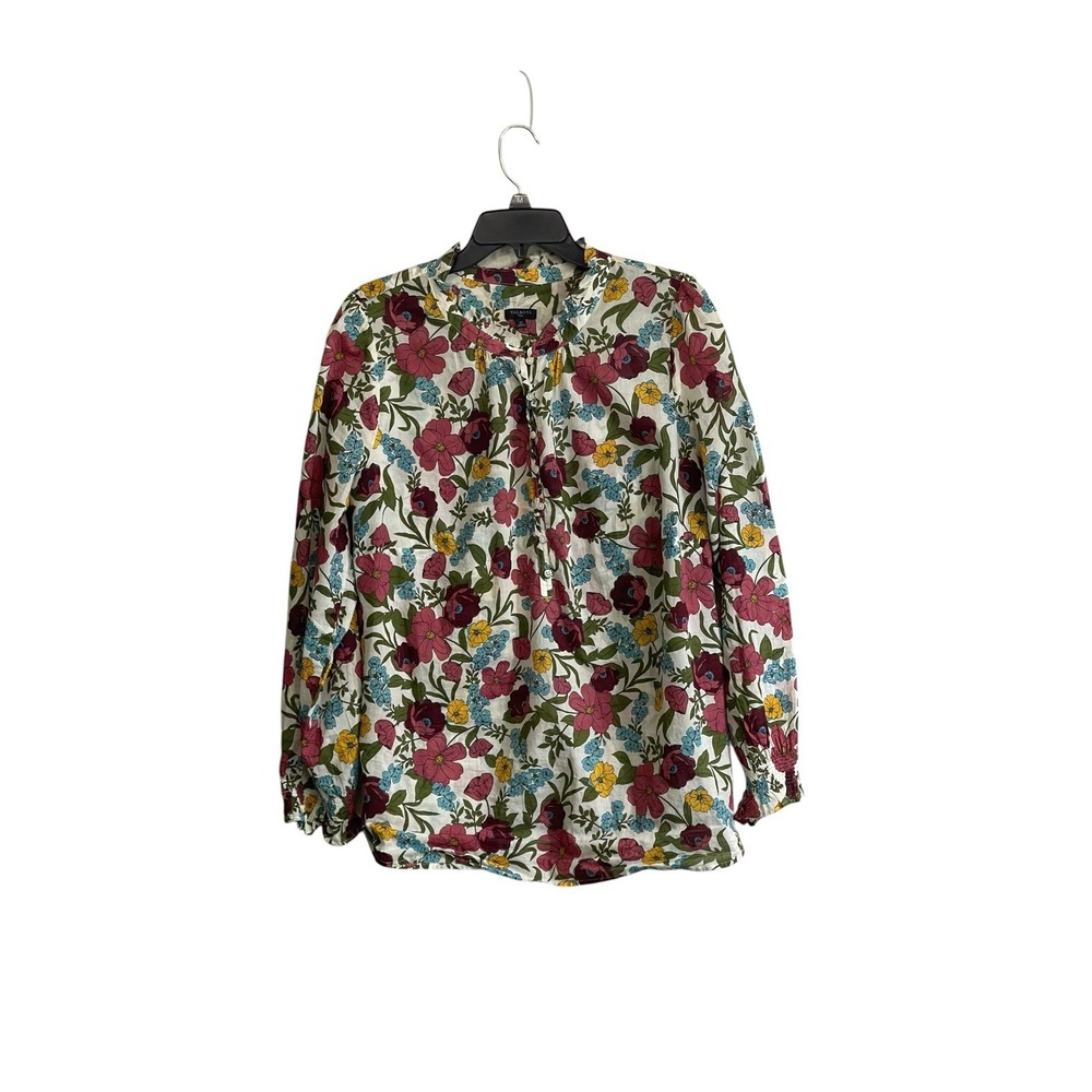 Talbots 1X Glass Floral Print Ruffle Trim Popover Long Sleeve Blouse Cottagecore